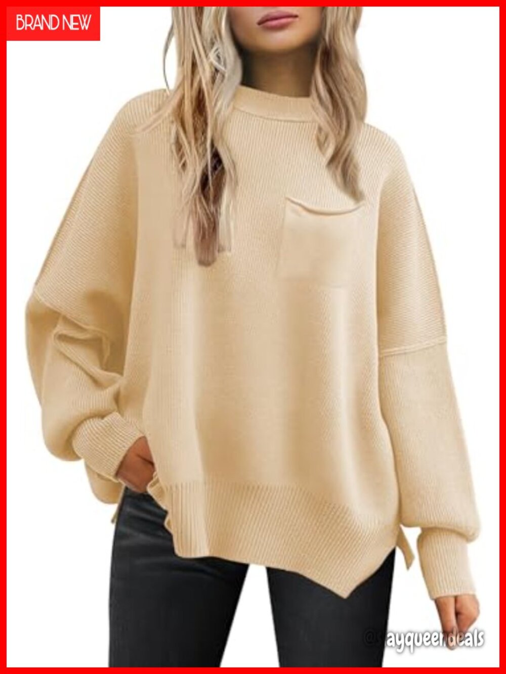 Oversized Ribbed Knit Pullover Sweater Crewneck Batwing Long Sleeve